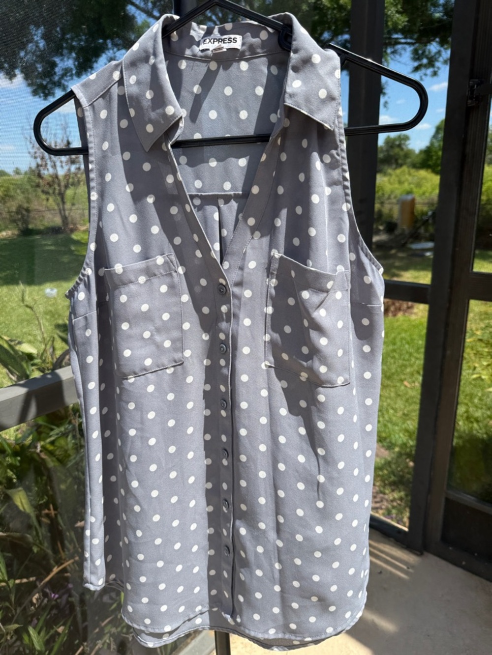 Express Gray Sleeveless Polka Dot Blouse